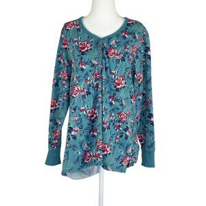 Vera Bradley Size Large Woman Top Floral Long Sleeve Button Top Teal Pink